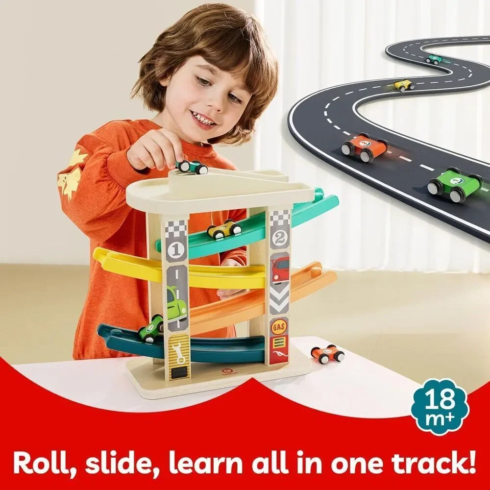 TOP Bright Toddler Wooden Race Track Car Ramp Toy with 4 Mini Cars and Garage